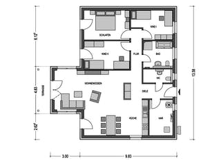Massivhaus IDEAL 2980 von HVO Massivhaus Schlüsselfertig ab 317900€, Bungalow Grundriss 1