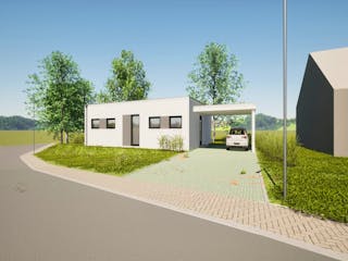 Fertighaus Jubiläumshaus Bungalow mit Flachdach von Holz & Dach Living Ausbauhaus ab 270000€, Bungalow Außenansicht 1