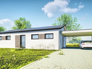 Fertighaus Jubiläumshaus Bungalow mit Satteldach von Holz & Dach Living Ausbauhaus ab 270000€, Bungalow Außenansicht 1