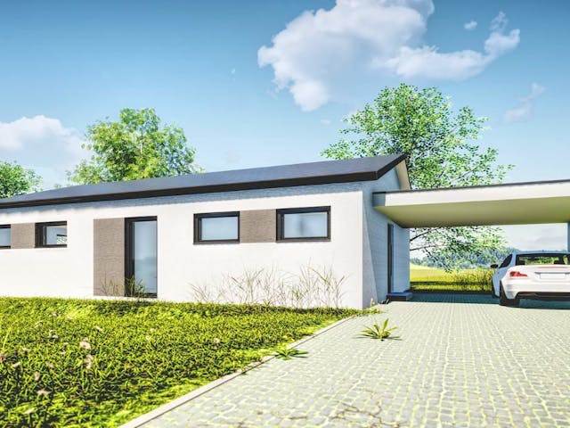 Fertighaus Jubiläumshaus Bungalow mit Satteldach von Holz & Dach Living Ausbauhaus ab 270000€, Bungalow Außenansicht 1 Fertighaus Jubiläumshaus Bungalow mit Satteldach von Holz & Dach Living Ausbauhaus ab 270000€, Bungalow Außenansicht 1