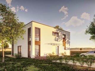 Fertighaus Jubiläumshaus Stadtvilla mit Flachdach von Holz & Dach Living Ausbauhaus ab 284499€, Stadtvilla Außenansicht 1