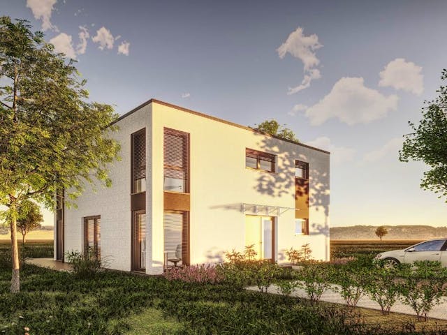 Fertighaus Jubiläumshaus Stadtvilla mit Flachdach von Holz & Dach Living Ausbauhaus ab 284499€, Stadtvilla Außenansicht 1 Fertighaus Jubiläumshaus Stadtvilla mit Flachdach von Holz & Dach Living Ausbauhaus ab 284499€, Stadtvilla Außenansicht 1