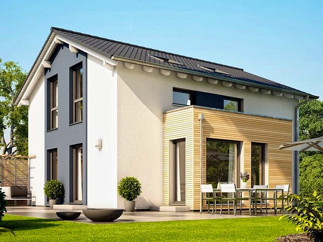 Fertighaus SUNSHINE 113 V5 von Living Fertighaus Schlüsselfertig ab 296744€, Satteldach-Klassiker Außenansicht 1