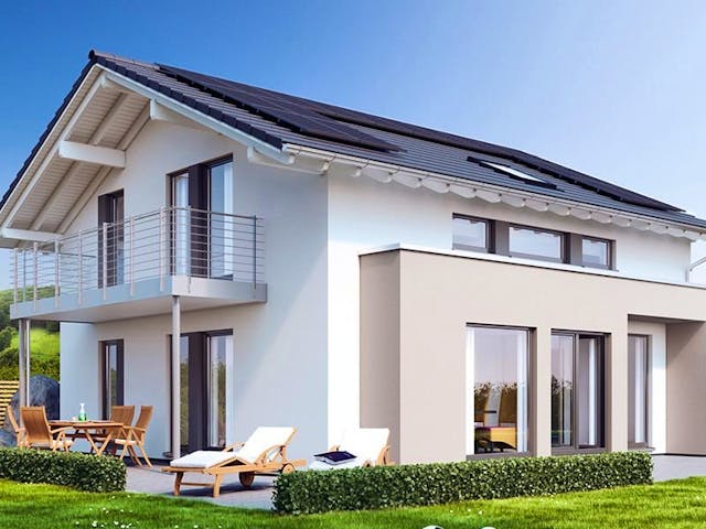 Fertighaus SUNSHINE 154 V4 von Living Fertighaus Schlüsselfertig ab 418438€, Satteldach-Klassiker Außenansicht 1