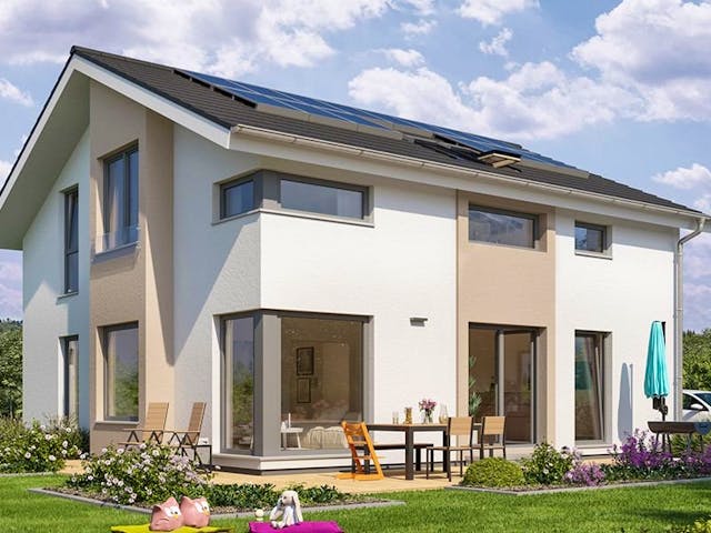 Fertighaus SUNSHINE 167 V4 von Living Fertighaus Schlüsselfertig ab 364651€, Satteldach-Klassiker Außenansicht 1