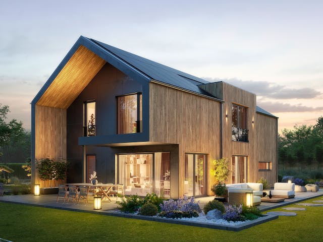 Fertighaus Concept 5 von KAMPA Schlüsselfertig ab 598464€, Satteldach-Klassiker Außenansicht 1 Fertighaus Concept 5 von KAMPA Schlüsselfertig ab 598464€, Satteldach-Klassiker Außenansicht 1