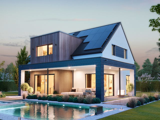 Fertighaus Signature T175 von KAMPA Schlüsselfertig ab 660928€, Satteldach-Klassiker Außenansicht 1 Fertighaus Signature T175 von KAMPA Schlüsselfertig ab 660928€, Satteldach-Klassiker Außenansicht 1