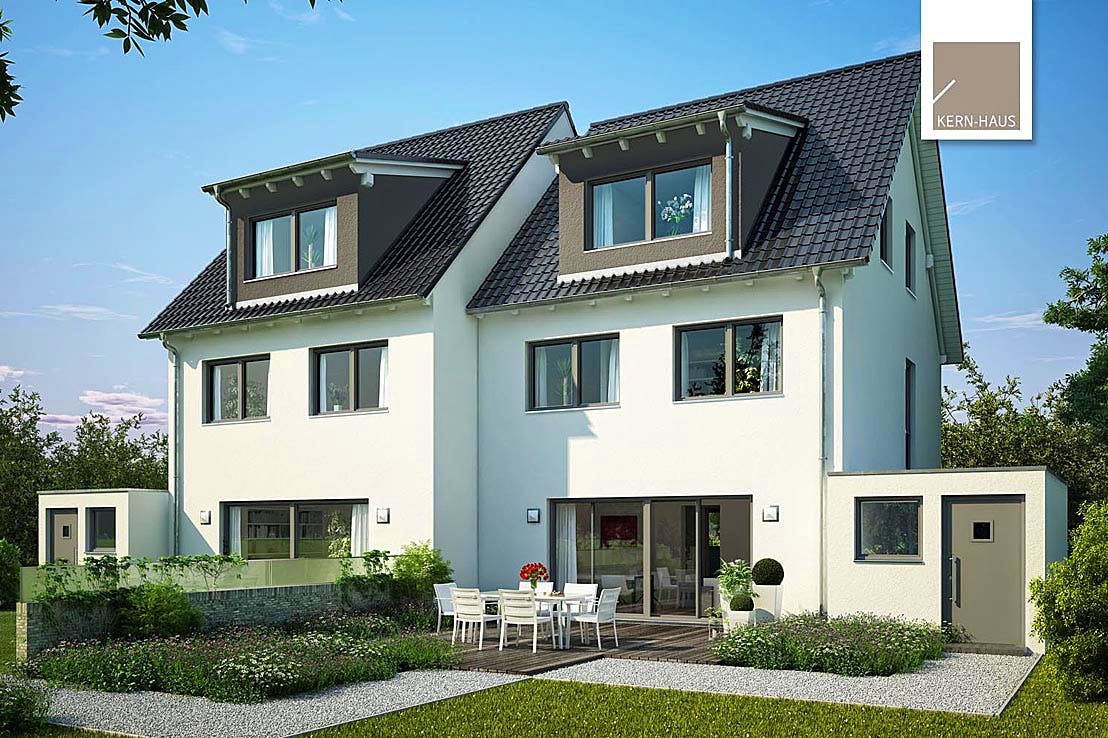 Massivhaus Doppelhaus Twin XXL von Kern-Haus Schlüsselfertig ab 445900€, Satteldach-Klassiker Außenansicht 1