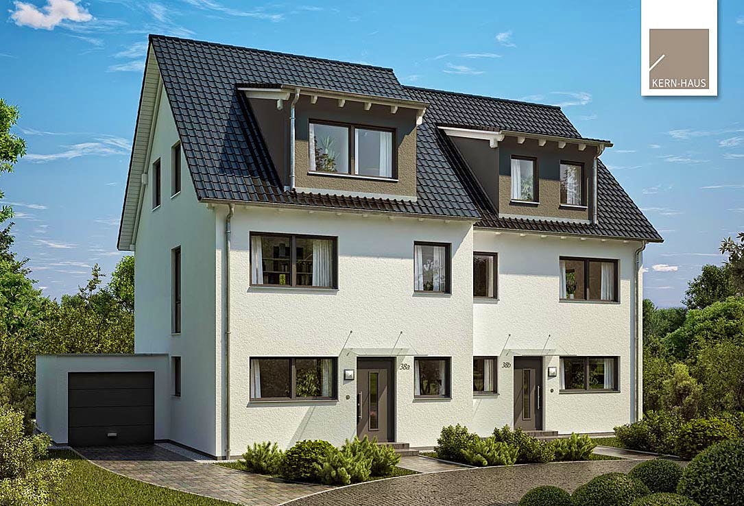 Massivhaus Doppelhaus Twin XXL von Kern-Haus Schlüsselfertig ab 445900€, Satteldach-Klassiker Außenansicht 2