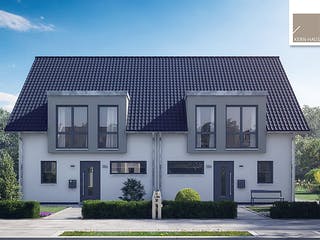Fertighaus Doppelhaus Viseo von Kern-Haus Schlüsselfertig ab 388900€, Satteldach-Klassiker Außenansicht 2