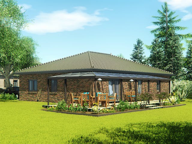 Massivhaus Bungalow 120 von KLINKER HAUS Schlüsselfertig ab 292200€, Bungalow Außenansicht 1 Massivhaus Bungalow 120 von KLINKER HAUS Schlüsselfertig ab 292200€, Bungalow Außenansicht 1