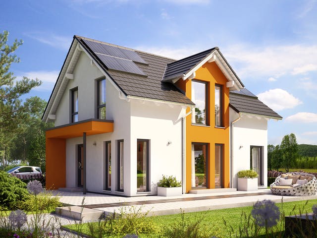 Fertighaus SUNSHINE 125 V3 von Living Fertighaus Schlüsselfertig ab 362591€, Satteldach-Klassiker Außenansicht 1