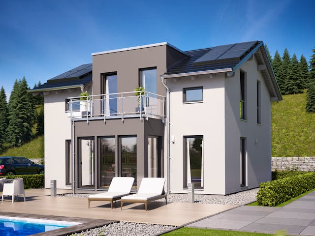Fertighaus SUNSHINE 125 V4 von Living Fertighaus Schlüsselfertig ab 359958€, Satteldach-Klassiker Außenansicht 1
