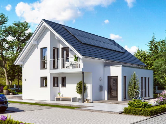Fertighaus SUNSHINE 143 V2 von Living Fertighaus Schlüsselfertig ab 389531€, Satteldach-Klassiker Außenansicht 1