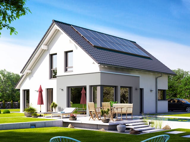 Fertighaus SUNSHINE 143 V3 von Living Fertighaus Schlüsselfertig ab 389531€, Satteldach-Klassiker Außenansicht 1