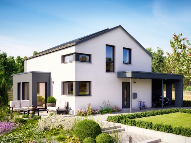 Fertighaus SUNSHINE 143 V5 von Living Fertighaus Schlüsselfertig ab 388921€, Satteldach-Klassiker Außenansicht 1 Fertighaus SUNSHINE 143 V5 von Living Fertighaus Schlüsselfertig ab 388921€, Satteldach-Klassiker Außenansicht 1