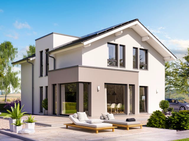 Fertighaus SUNSHINE 144 V4 von Living Fertighaus Schlüsselfertig ab 402318€, Satteldach-Klassiker Außenansicht 1