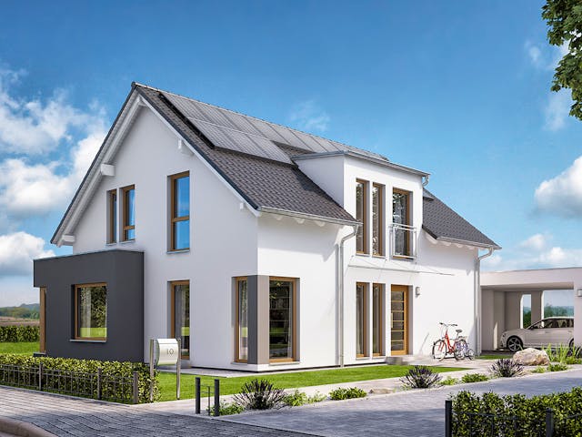 Fertighaus SUNSHINE 165 V2 von Living Fertighaus Schlüsselfertig ab 426931€, Satteldach-Klassiker Außenansicht 1