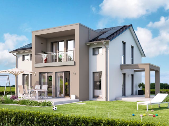 Fertighaus SUNSHINE 165 V5 von Living Fertighaus Schlüsselfertig ab 427045€, Satteldach-Klassiker Außenansicht 1