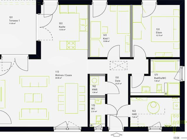 Fertighaus ComfortStyle 10.02 W von massa haus Ausbauhaus ab 139999€, Bungalow Grundriss 1