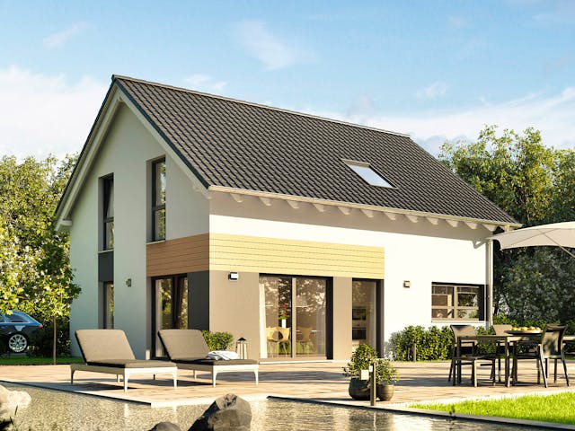 Fertighaus Mentano von Büdenbender Hausbau Schlüsselfertig ab 448250€, Satteldach-Klassiker Außenansicht 1