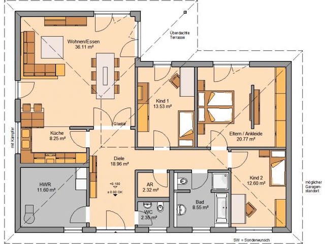 Massivhaus BUNGALOW BALANCE von Kern-Haus Chemnitz Schlüsselfertig ab 397900€, Bungalow Grundriss 1