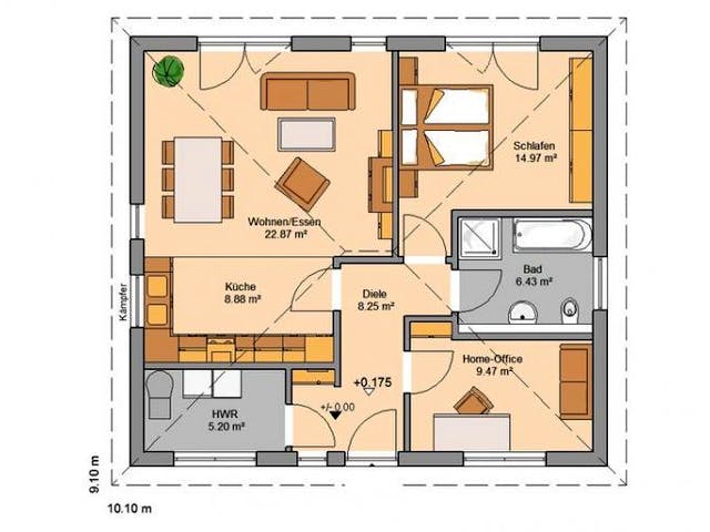 Massivhaus BUNGALOW EASY von Kern-Haus Chemnitz Schlüsselfertig ab 274900€, Bungalow Grundriss 1