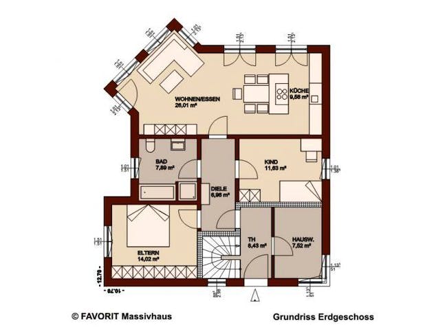 Massivhaus Premium 76/95 von FAVORIT Massivhaus Schlüsselfertig ab 500920€, Satteldach-Klassiker Grundriss 3