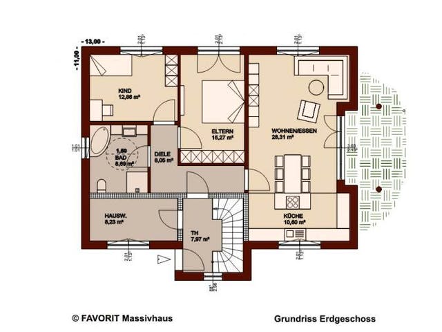 Massivhaus Premium 84/101 von FAVORIT Massivhaus Schlüsselfertig ab 490110€, Satteldach-Klassiker Grundriss 1