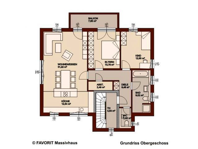 Massivhaus Premium 91/102 von FAVORIT Massivhaus Schlüsselfertig ab 617820€, Satteldach-Klassiker Grundriss 1