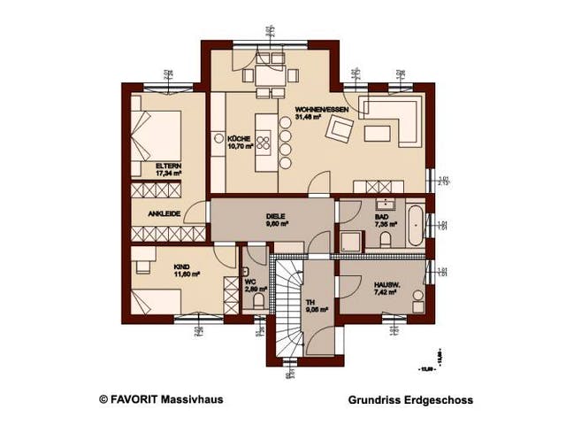 Massivhaus Premium 91/102 von FAVORIT Massivhaus Schlüsselfertig ab 617820€, Satteldach-Klassiker Grundriss 2