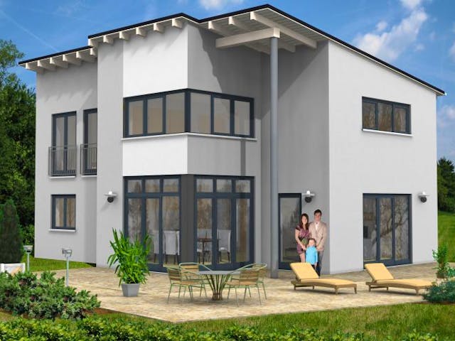 Massivhaus Pultdach Haus Nistertal 30-016 von Econ Das Haus, Stadtvilla Außenansicht 1 Massivhaus Pultdach Haus Nistertal 30-016 von Econ Das Haus, Stadtvilla Außenansicht 1