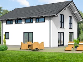 Massivhaus Satteldachhaus Version 142 von Grundsteinhaus Schlüsselfertig ab 221600€,  Außenansicht 1