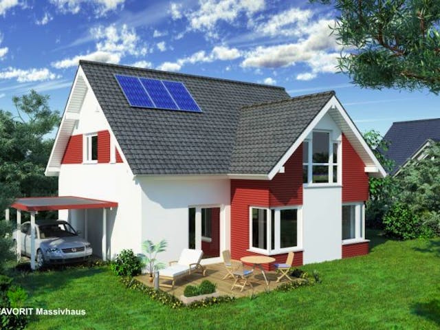 Massivhaus Select 154 von FAVORIT Massivhaus Schlüsselfertig ab 349490€, Satteldach-Klassiker Außenansicht 1