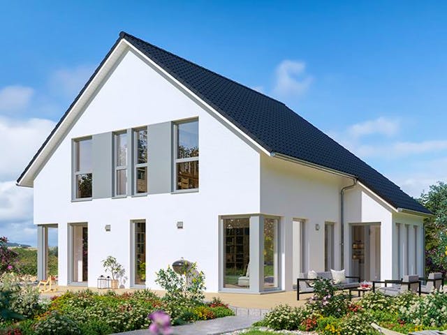 Fertighaus SUNSHINE 167 V2 von Living Fertighaus Schlüsselfertig ab 429535€, Satteldach-Klassiker Außenansicht 1