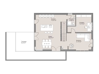 Fertighaus Hanghaus Grossmann mit begrünter Dachterrasse von MYMassivhaus, Pultdachhaus Grundriss 1