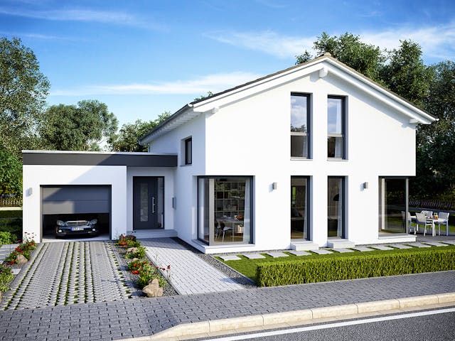 Fertighaus Musterhaus Mülheim-Kärlich von OKAL Haus Schlüsselfertig ab 519900€, Satteldach-Klassiker Außenansicht 1