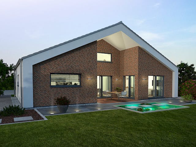 Fertighaus Musterhaus Stelle von OKAL Haus Schlüsselfertig ab 429900€, Bungalow Außenansicht 1