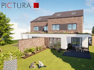 Massivhaus Doppelhaushälfte Bensberg von PICTURA creativhaus Schlüsselfertig ab 560000€, Satteldach-Klassiker Außenansicht 2
