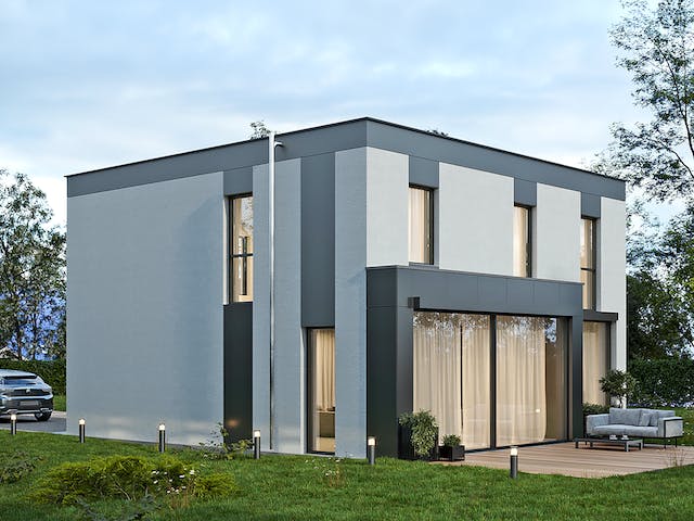 Massivhaus Komfort Haus - Bauhaus mit Erweiterung EG von RKR Systembau, Cubushaus Außenansicht 1