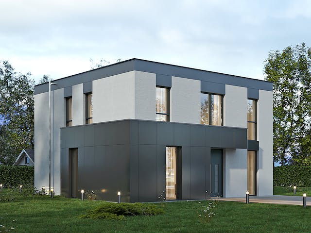 Massivhaus Komfort Haus - Bauhaus mit Erweiterung EG von RKR Systembau, Cubushaus Außenansicht 2