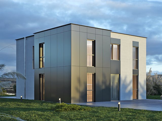 Massivhaus Komfort Haus - Bauhaus mit Erweiterung EG & OG von RKR Systembau, Cubushaus Außenansicht 2