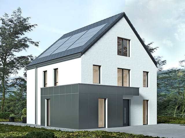 Massivhaus Komfort Haus - Studio mit Erweiterung EG von RKR Systembau, Satteldach-Klassiker Außenansicht 2