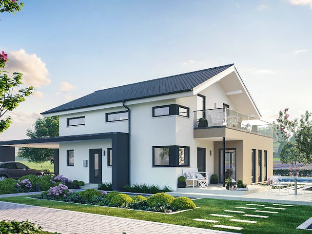 Fertighaus Sensation-E-133 E6 von SCHWABENHAUS Schlüsselfertig ab 343279€, Satteldach-Klassiker Außenansicht 1
