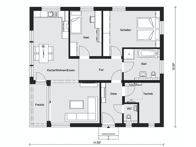 Fertighaus E 10-095.2 - Bungalow ebenerdig von SchwörerHaus Schlüsselfertig ab 328030€, Bungalow Grundriss 1