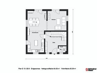 Fertighaus E 15-128.8 - Modernes Landhaus von SchwörerHaus Schlüsselfertig ab 332211€, Satteldach-Klassiker Grundriss 1