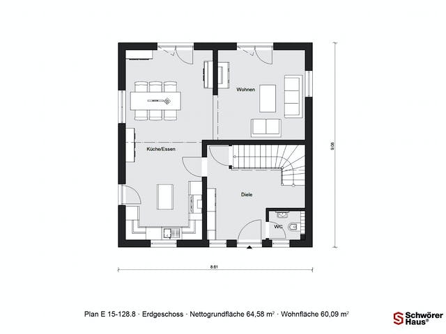 Fertighaus E 15-128.8 - Modernes Landhaus von SchwörerHaus Schlüsselfertig ab 332211€, Satteldach-Klassiker Grundriss 1