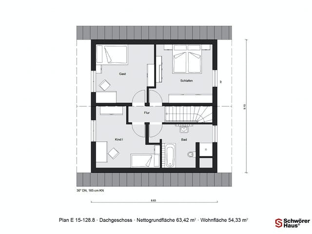 Fertighaus E 15-128.8 - Modernes Landhaus von SchwörerHaus Schlüsselfertig ab 332211€, Satteldach-Klassiker Grundriss 2