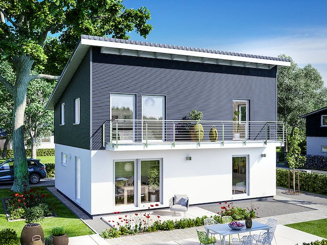 Fertighaus E 15-143.33 - Haus mit Pultdach von SchwörerHaus Schlüsselfertig ab 394599€, Pultdachhaus Außenansicht 1