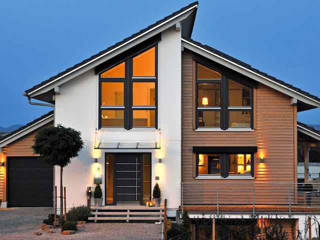 Fertighaus E 15-154.1 - Fertighaus mit Holz von SchwörerHaus Schlüsselfertig ab 446140€, Pultdachhaus Außenansicht 1